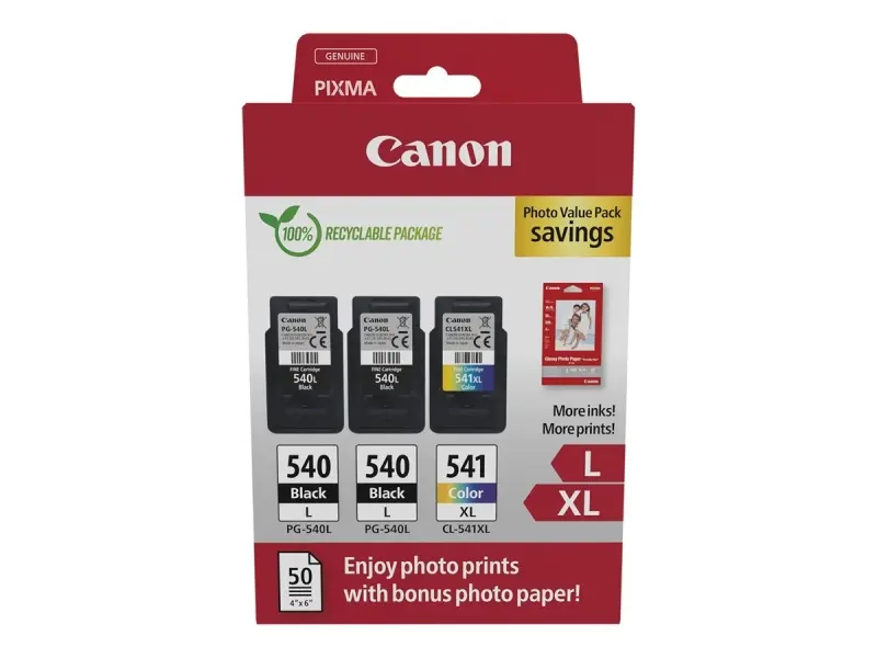 Canon Pg540L Negro + Cl541Xl Color Pack De 3 Cartuchos De Tinta Originales + 50 Hojas De Papel Fotografico - 5224B015