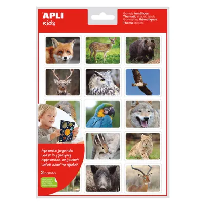 Apli Gomets Realistas Animales en su Hábitat - 30 Adhesivos Rectangulares 100% Reciclables