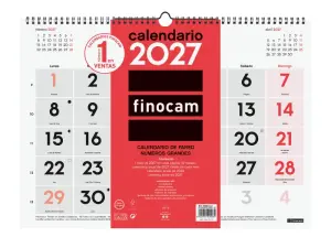 Finocam Calendario de Pared Anual 2027 Mes Vista Formato L 430x310mm Espiral Doble Rojo y Blanco