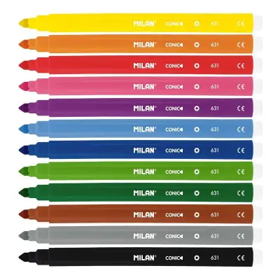 Milan Pack de 12 Rotuladores Punta Cónica 5mm Tinta al Agua Lavable Colores Surtidos