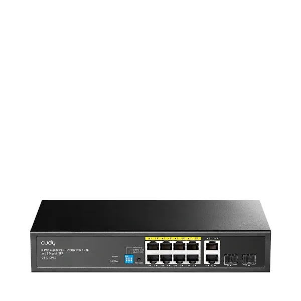 Cudy Switch 12 Puertos 24Gbps, 8x RJ45 PoE+, 2x RJ45 GbE, 2x Gigabit SFP, Negro