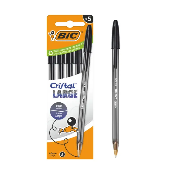 Bic Cristal Large Pack De 5 Boligrafos De Bola - Punta Redonda De 1.6Mm - Trazo 0.6Mm - Tinta Con Base De Aceite - Color Negro