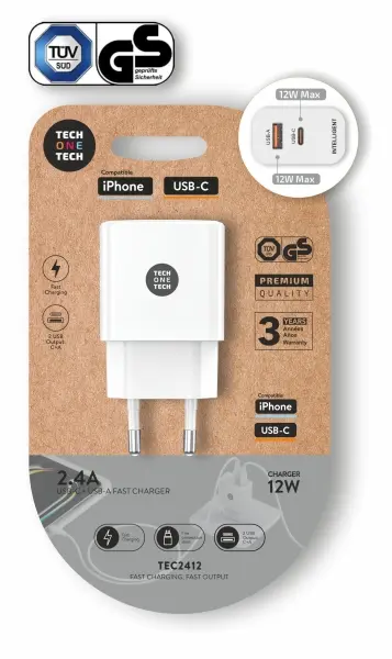 TechOneTech Cargador Doble de Pared USB-A a USB-C 12W Blanco