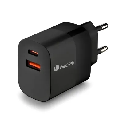 NGS Cargador GaN Universal de Pared 45W Ultrarápido - 1x USB-C PD, 1x USB-A QC 3.0 - Negro