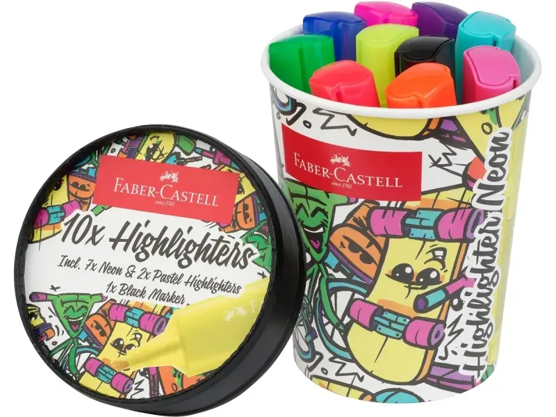 Faber-Castell Textliner 46 Neon Pack De 10 Marcadores Fluorescentes - Diseño Del Pack Tarrina De Helado - Punta Biselada - Trazo Entre 1Mm Y 5Mm - Tinta Con Base De Agua - Colores Surtidos