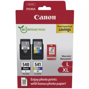 Canon PG540L Negro + CL541XL Color Cartuchos de Tinta Originales + 50 Hojas Papel Fotográfico