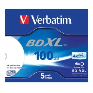 Verbatim BD-R XL Blu-Ray 100GB 4X Speed Datalife Inkjet Printable - 5 Pack Jewel Case