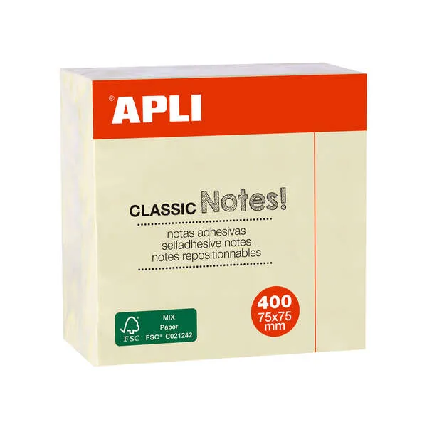 Apli Notas Adhesivas Classic 75x75mm Cubo de 400 Hojas Amarillo