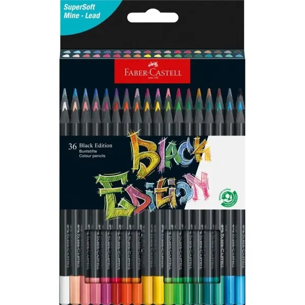Faber-Castell Black Edition Pack De 36 Lapices De Colores - Mina Supersuave - Madera Negra - Ideales Para Dibujo Sobre Papel Claro, Oscuro Y De Colores - Colores Surtidos