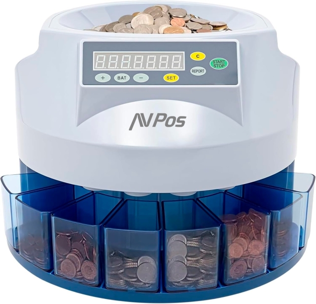 Avpos Contador/Clasificador De Monedas  Ccm6 - Monedas Desde 1 Centimo Hasta 2 Euros - Color Blanco/Azul