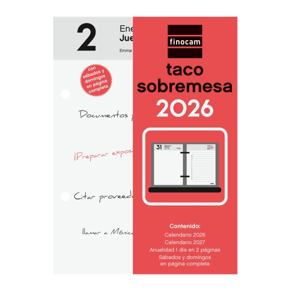 Finocam Taco De Sobremesa - Anual 2026 - 85X35X120Mm - Sobremesa - Color Blanco Y Rojo