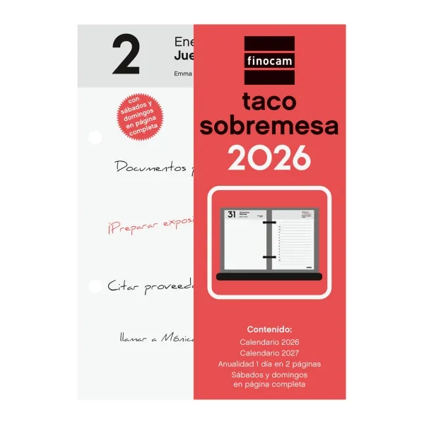 Finocam Taco De Sobremesa - Anual 2026 - 85X35X120Mm - Sobremesa - Color Blanco Y Rojo