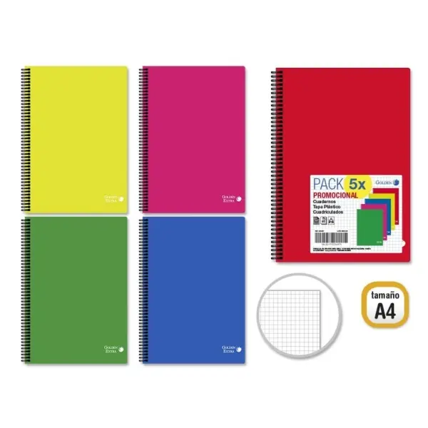 Golden Pack de 5 Cuadernos A4 80 Hojas 90gr Cuadricula 4x4 Tapa Polipropileno Colores Surtidos