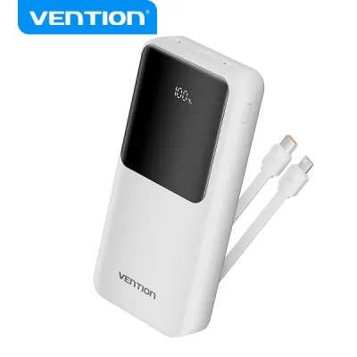 Vention Power Bank 20.000mAh con USB y Carga Rápida - Cable USB-C Incluido - Blanco