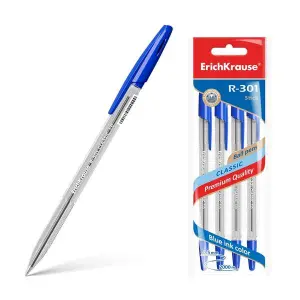 ErichKrause Pack de 4 Bolígrafos R-301 Classic Stick 1.0mm Tinta Rápida Azul