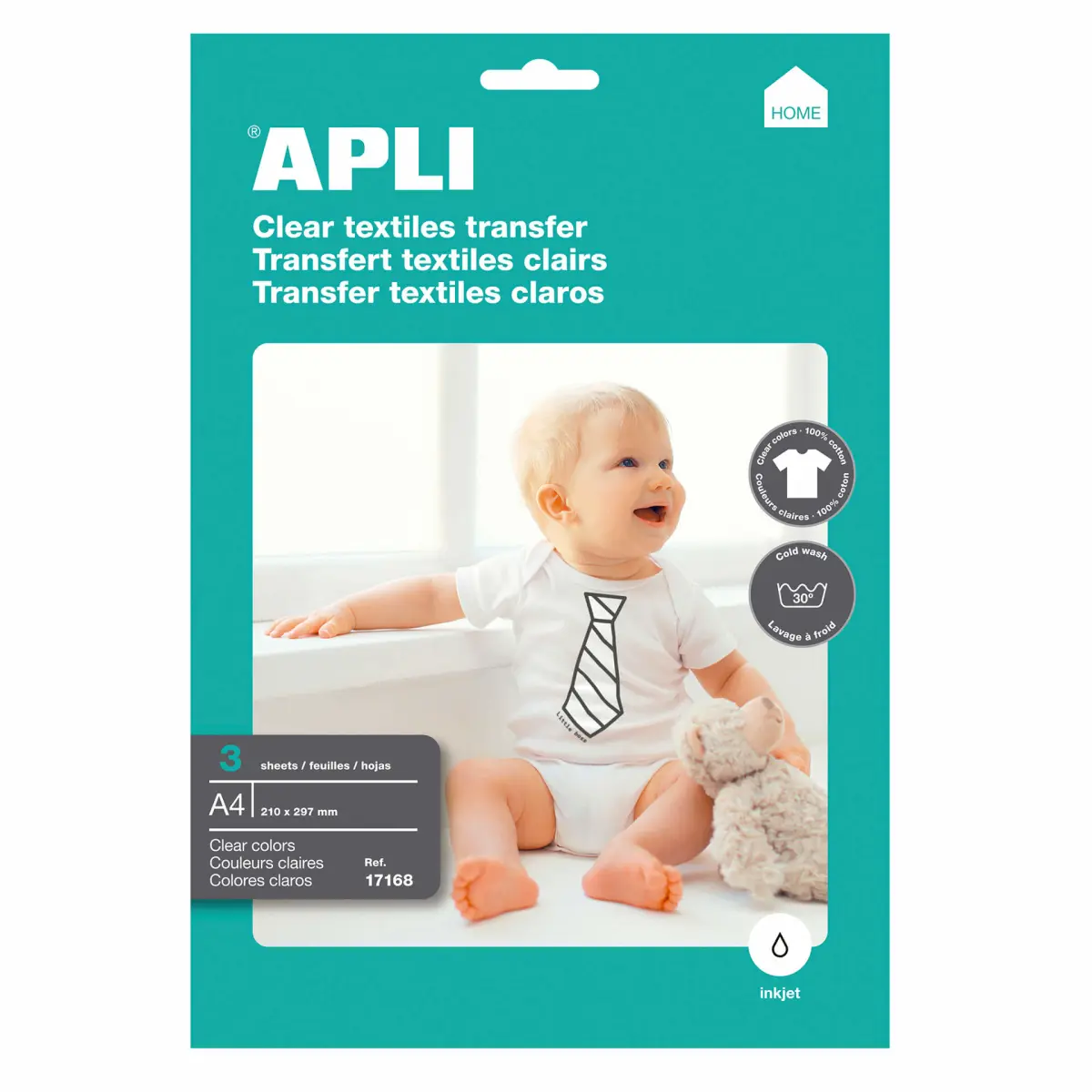 Apli Pack de 3 Hojas de Papel Transfer para Impresoras Inkjet - Prendas Blancas