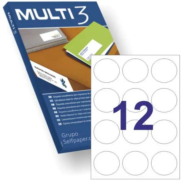 Multi-3 Etiquetas Adhesivas Circulares Ø60mm Inkjet/Láser 12 x 100H Blancas