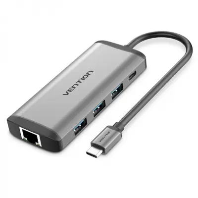 Vention Docking Station 7 en 1 USB-C a HDMI 4K, 3xUSB 3.0, RJ45, Lector SD/TF, PD 87W, Gris