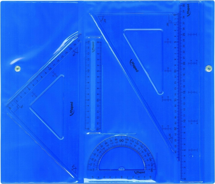 Maped Pack De Instrumentos De Dibujo - Regla De 30Cm, Regla De 15Cm, Escuadra, Cartabon Y Transportador - Estuche Con Cierre En Colores Surtidos - Transparentes