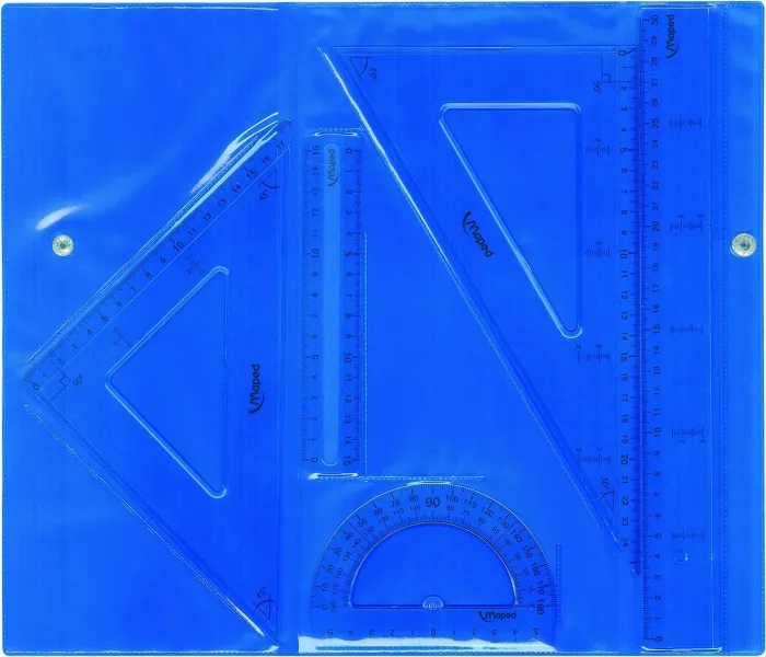 Maped Pack De Instrumentos De Dibujo - Regla De 30Cm, Regla De 15Cm, Escuadra, Cartabon Y Transportador - Estuche Con Cierre En Colores Surtidos - Transparentes