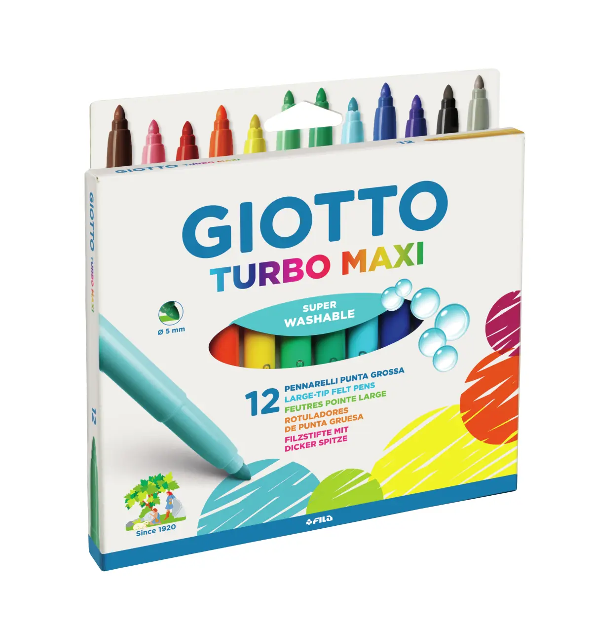 Giotto Turbo Maxi Pack de 12 Rotuladores Punta Gruesa 5mm Tinta Lavable Colores Surtidos