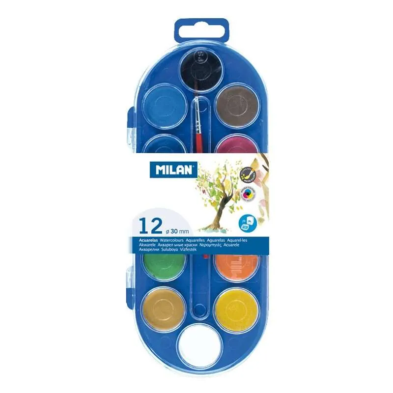 Milan Estuche de 12 Acuarelas Ø30 mm con Pincel Serie 101 - Colores Surtidos