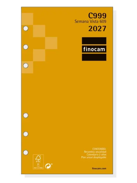 Finocam C999 Recambio Agenda Classic Anual 2027 Semana Vista Horizontal 609 94x171mm 6 Taladros Papel 80g/m2 Color Blanco