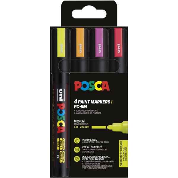 Posca Pc-5M Pack De 4 Marcadores De Pintura - Punta De Bala 1.8-2.5Mm - Tinta Base Al Agua - No Permanente - Resistente A La Luz - Colores Fluor Surtidos