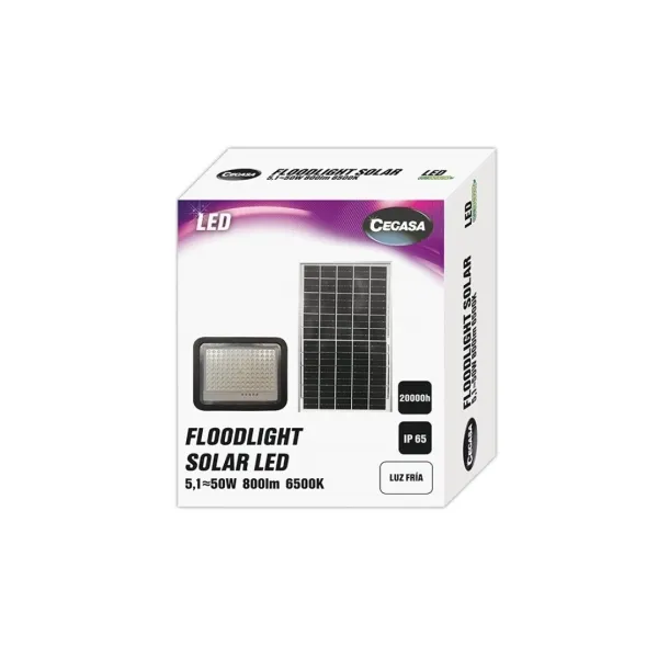 Cegasa Floodlight Foco Solar Led 800Lm 6500K - Panel Solar Integrado 5V-6W - Autonomia Hasta 12H - Resistencia Ip65