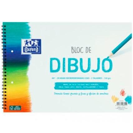 Oxford Bloc Dibujo Escolar Multitaladro 2 T/ Blanda Espiral 20H 130Gr A4+ Liso Blanco