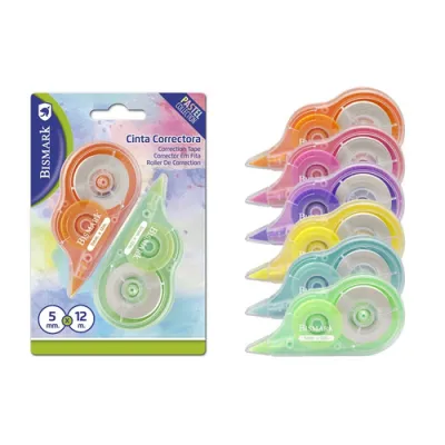 Bismark Pastel Pack De 2 Cintas Correctoras 5Mmx12M - Perfecta Adherencia Al Papel - Presentacion En Blister - Cuerpo De Colores Pastel Surtidos