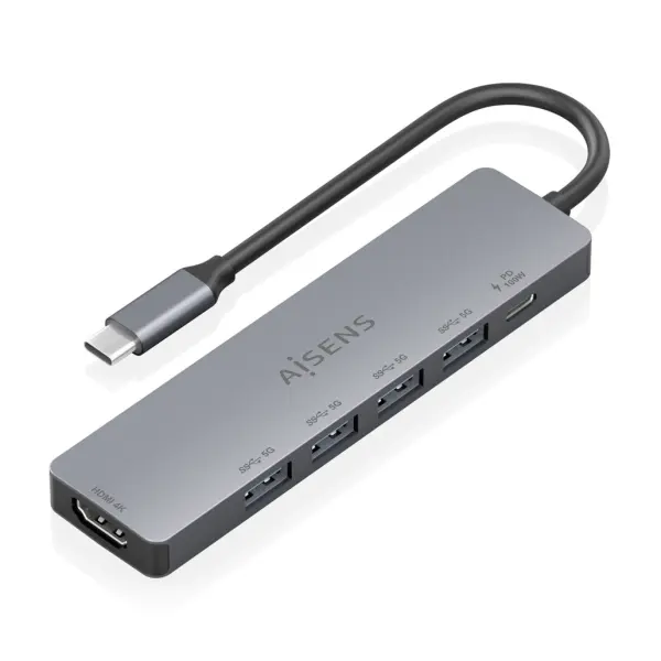 Aisens USB-C Dock 6 en 1 - 1xHDMI, 4xUSB-A, 1xUSB-C PD 100W, 15cm, Gris