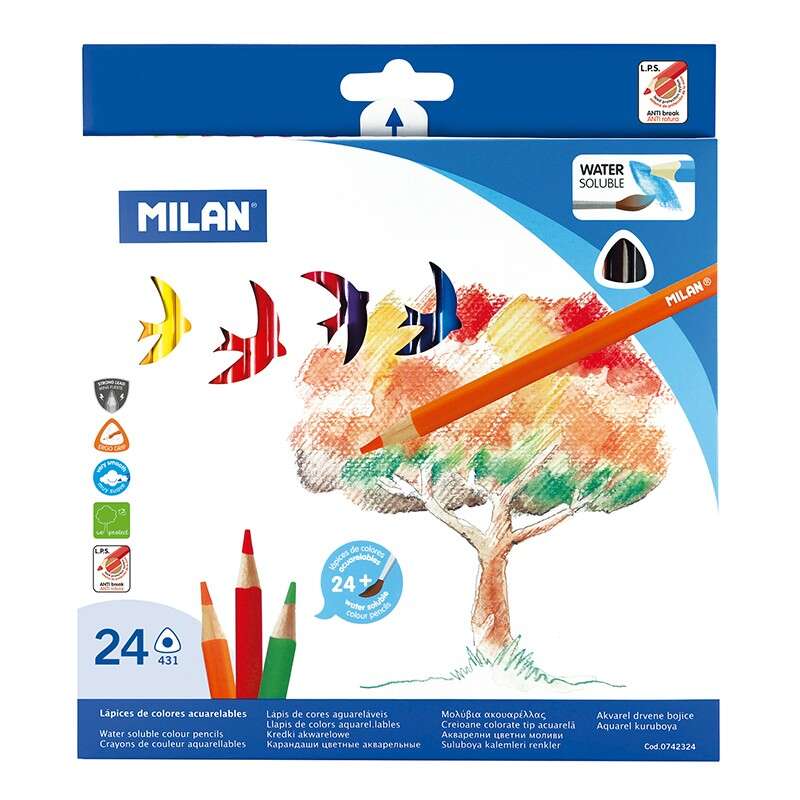 Milan Pack De 24 Lapices Triangulares Acuarelables + Pincel - Mina 2.9Mm - Trazo Uniforme - Resistente A La Rotura - Colores Surtidos