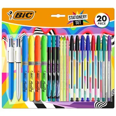Bic Pack de 20 Piezas de Escritura Multicolor - Incluye Cristal, Fun, 4 Colores, Intensity Fine, Highlighter Grip y Evolution Stripes HB