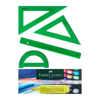 Faber-Castell Pack Escolar de 4 Reglas: Regla Recta, Transportador, Escuadra, Cartabón, Verde Transparente