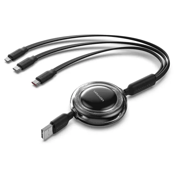 Vention Cable USB Retráctil Ajustable 1.1m - USB-A a 2xUSB-C y Lightning - 480Mbps - Negro