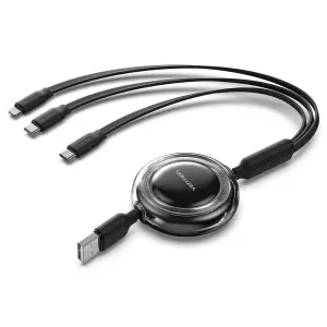 Vention Cable USB Retráctil Ajustable 1.1m - USB-A a 2xUSB-C y Lightning - 480Mbps - Negro