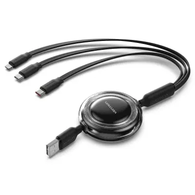 Vention Cable USB Retráctil Ajustable 1.1m - USB-A a 2xUSB-C y Lightning - 480Mbps - Negro