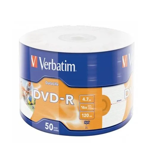 Verbatim Dvd-R, 4,7Gb, 16X, 50 Pack Spindle, Datalife Plus Wide Inkjet Printable Professional