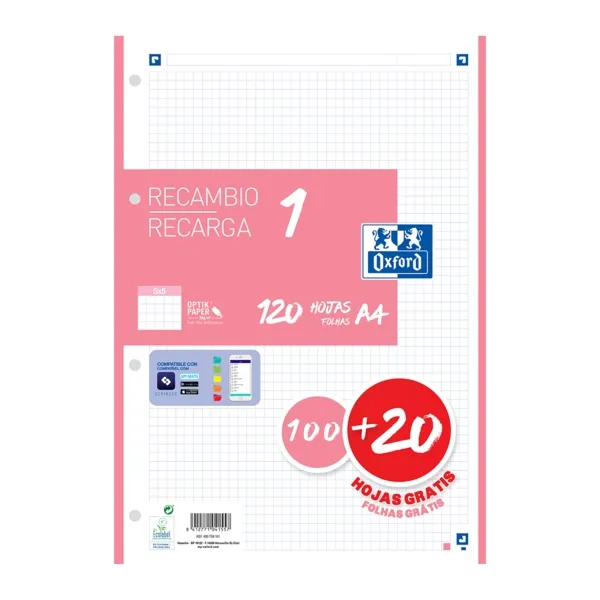 Oxford Recambio Classic 120 Hojas A4 Sueltas 90g 5x5mm 4 Taladros Banda Rosa Chicle