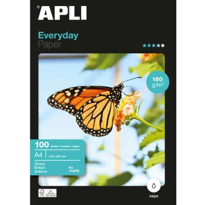 Apli Papel Fotográfico Everyday A4 180g Inkjet Paquete 100 Hojas Blanco Brillo