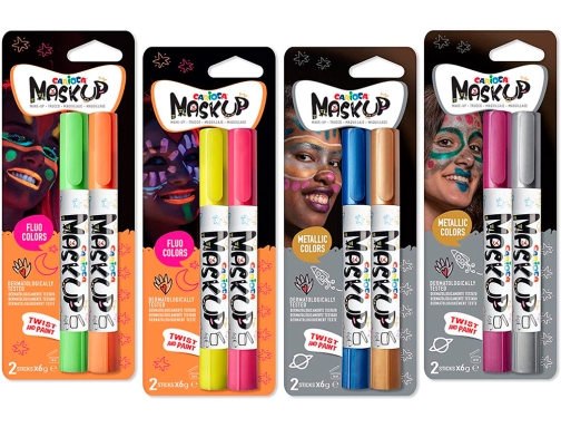 Carioca Mask Up Metallic & Neon Pack De 12 Blisters Con 2 Lapices Cada Uno - Brillantes Y Lavables - Base Agua - Se Pueden Mezclar - Colores Metalicos Y Neon