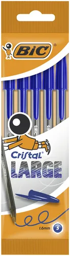 Bic Cristal Large Pack De 5 Boligrafos De Bola - Punta Redonda De 1.6Mm - Trazo 0.6Mm - Tinta Con Base De Aceite - Color Azul