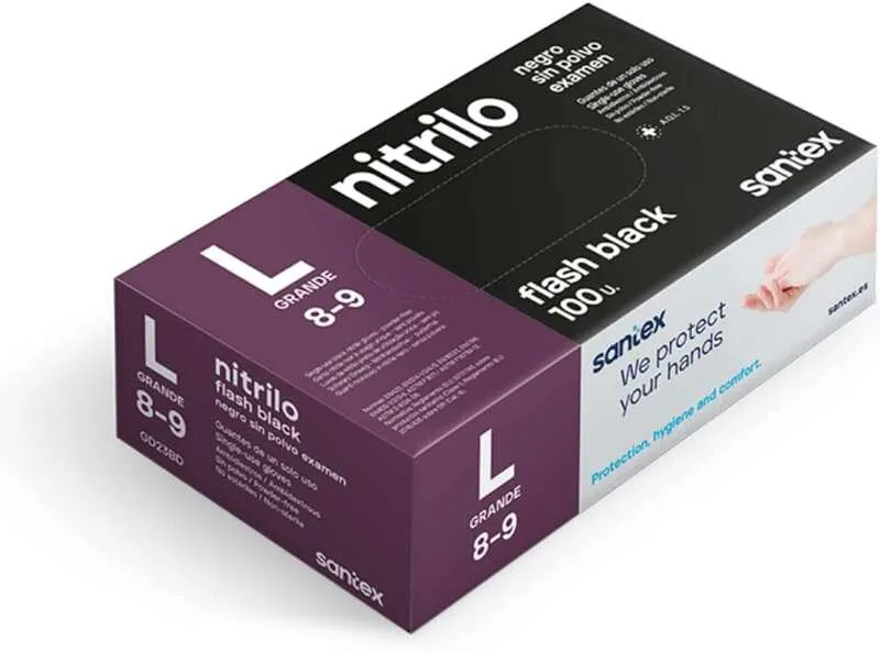 Santex Flash Black Pack De 100 Guantes De Nitrilo Talla L - 6 Gramos - Sin Polvo - Libre De Latex - No Esteriles - Color Negro