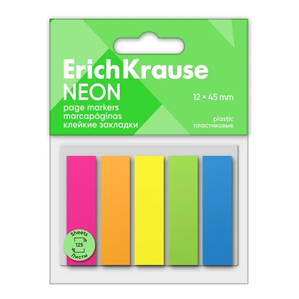 Erichkrause Pack De 5 Blocs De 25 Marcadores De Pagina De Plastico 12X45Mm - Colores Amarillo, Azul, Naranja, Verde Y Rosa Neon