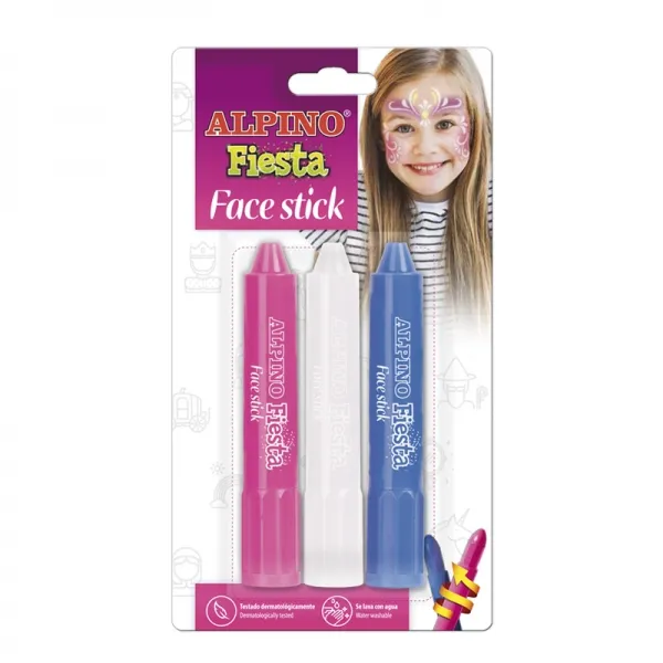 Alpino Fiesta Face Stick Pack Con 3 Barritas De Pintura Facial - Sistema Retractil Giratorio - Se Lava Con Agua - Testado Dermatologicamente