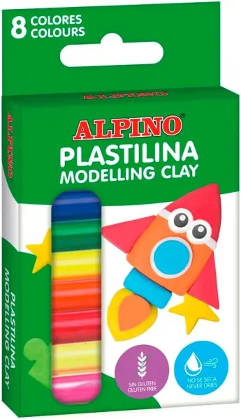 Alpino Pack de 8 Barras de Plastilina 12gr - Flexible, Mezclables, Sin Gluten, Colores Surtidos