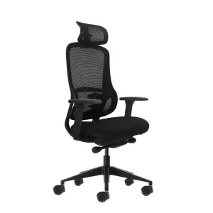 Oqonos Cherg 018 Silla de Oficina Ergonomica con Reposacabezas Cervical Ajustable, Mecanismo Autobalanceado, Reposabrazos 4D, Asiento Deslizable y Ruedas de Silicona - Negro