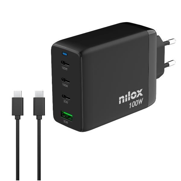 Nilox Cargador Universal Gan 100W 4 Puertos Y Cable Usb-C A Esb-C De 2 Metros Negro