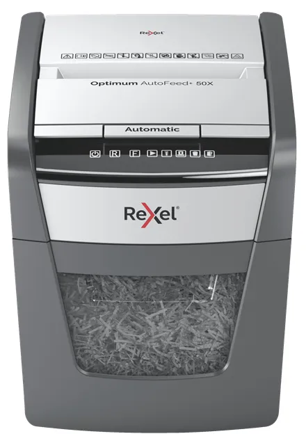 Rexel Optimum AutoFeed 50X Destructora Automática P-4, Alimentación 50 Hojas, 20L, Gris/Plata